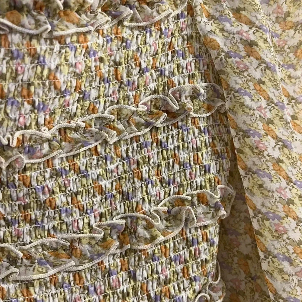 ASTR The Label Light Floral Smocked Square Neck + Tie Back Blouse